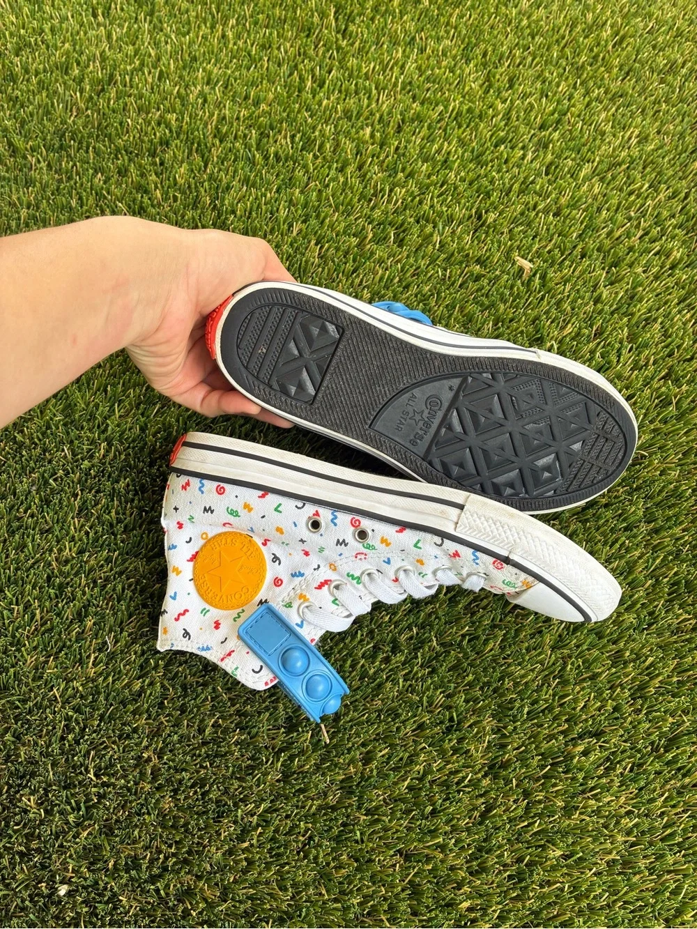 Converse Kids White High-Top Sneakers with Blue Strap and Multicolor Print